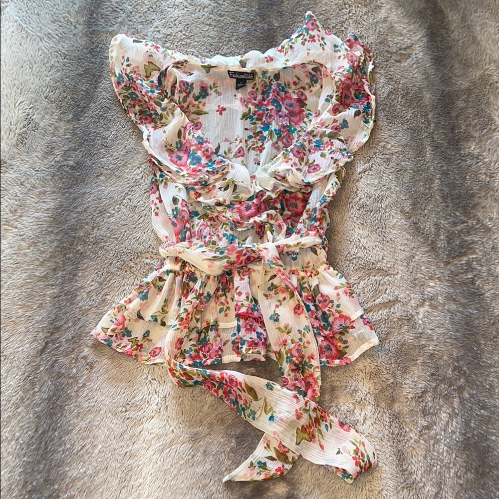 Y2K Floral Ruffle Blouse with Tie Waist 💐